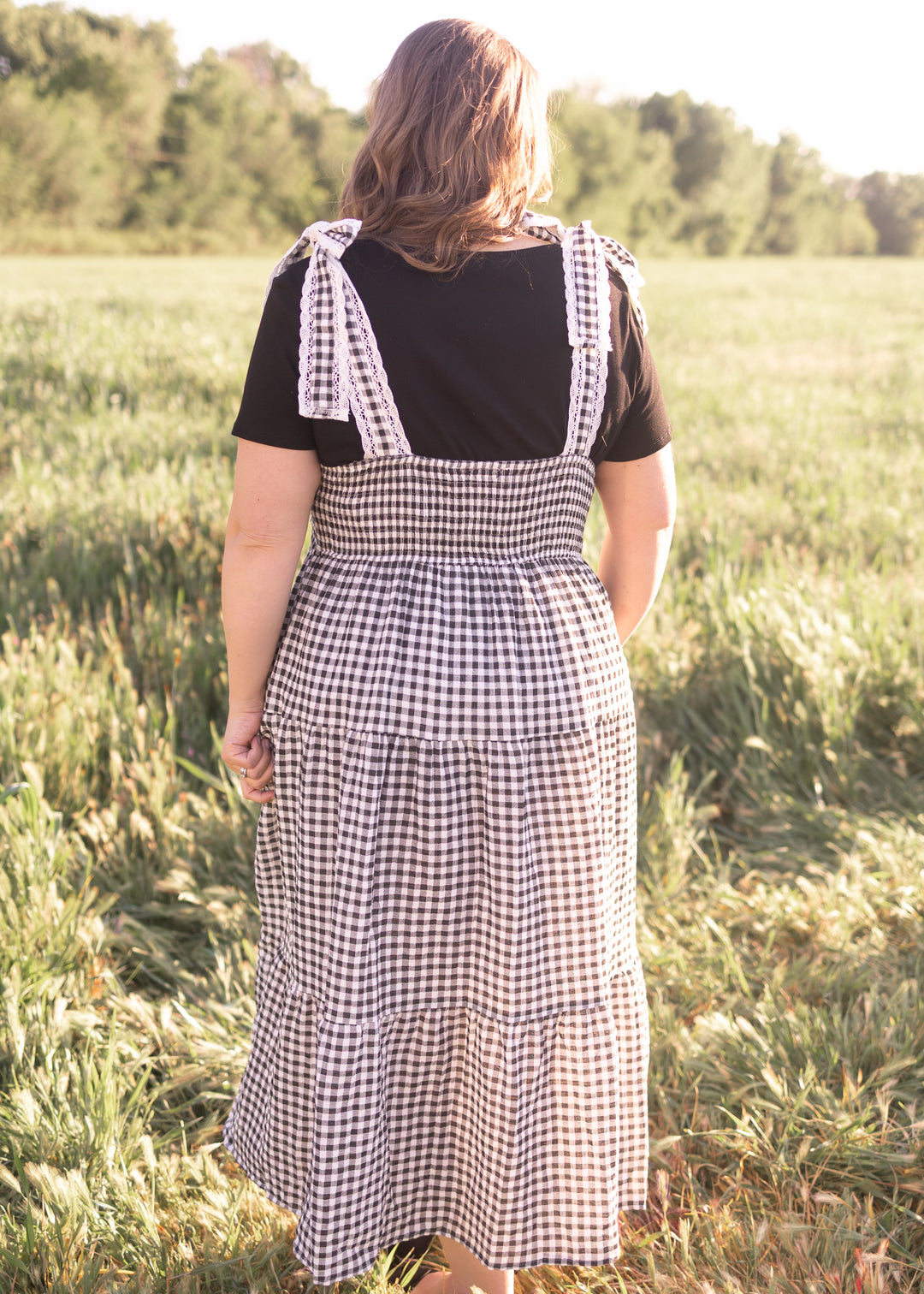 Florence Black Gingham Dress - Lace Strap Trim, Smocked Back