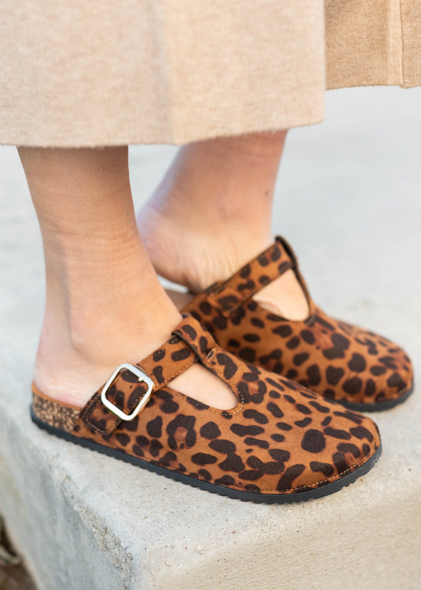 Leoard print clogs with silver buckle