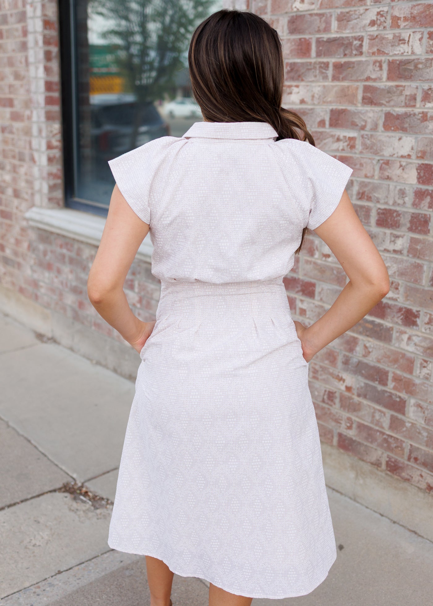 Gabriella Cream Gingham Dress - Embroidered Floral, Collar & Pockets