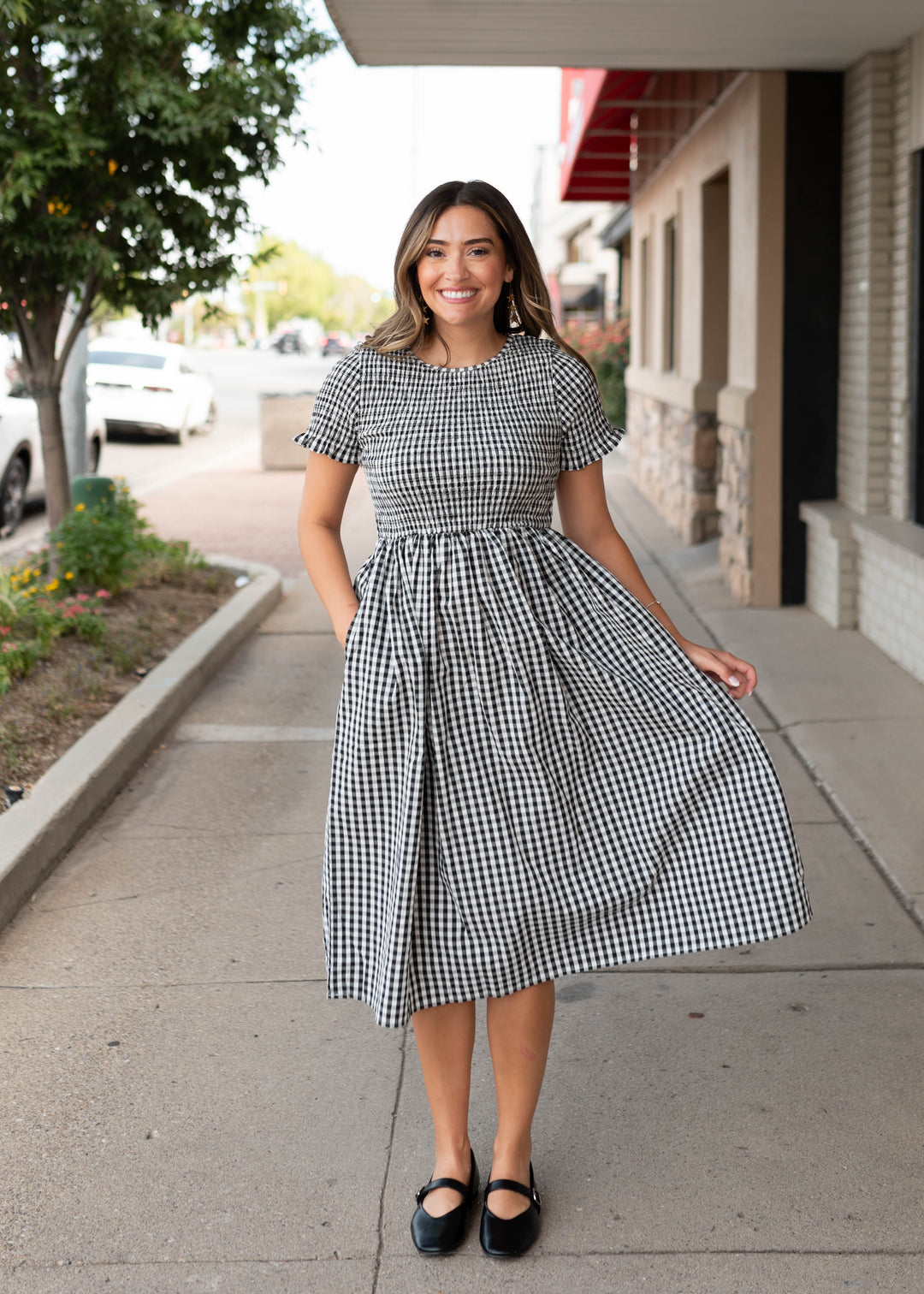 Gemma Black & White Gingham Smocked Midi Dress