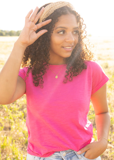 Front view of a hot magenta top
