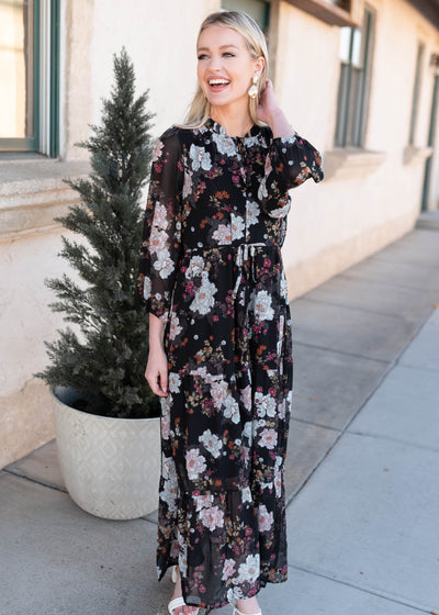 Modest Lena & Lane long sleeve black floral dress