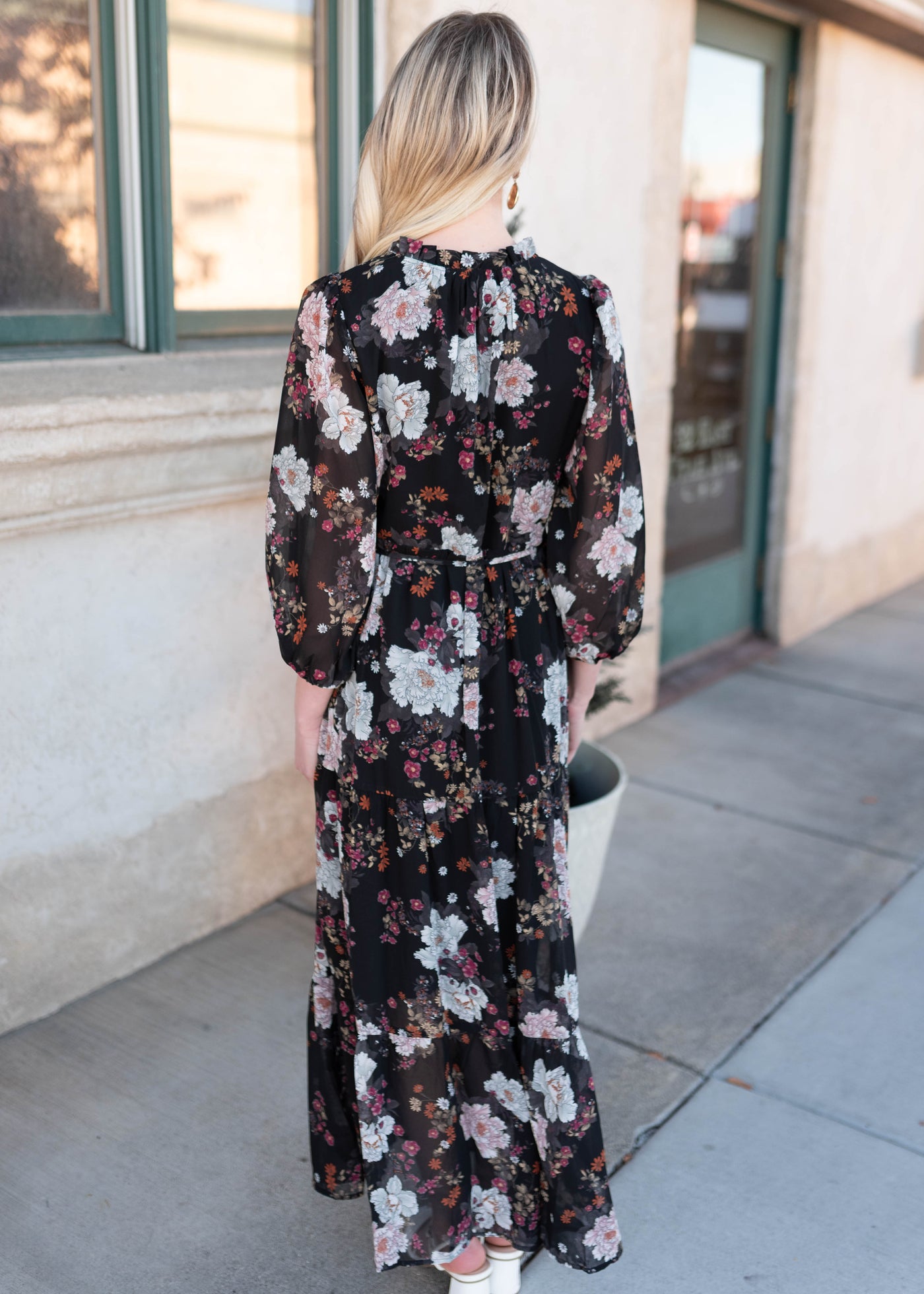 Back view of the black floral dress
