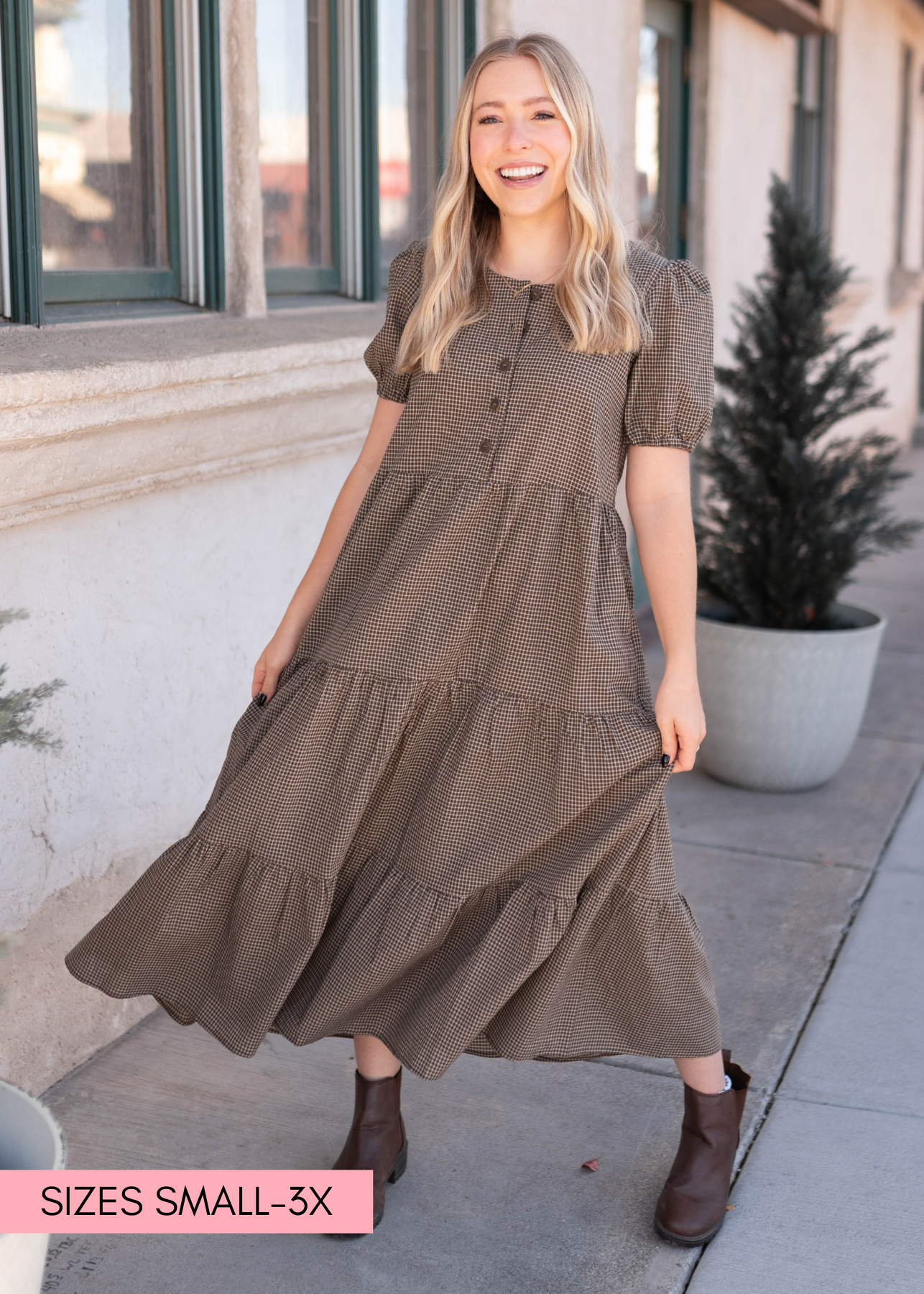Gianna Dark Olive Gingham Dress