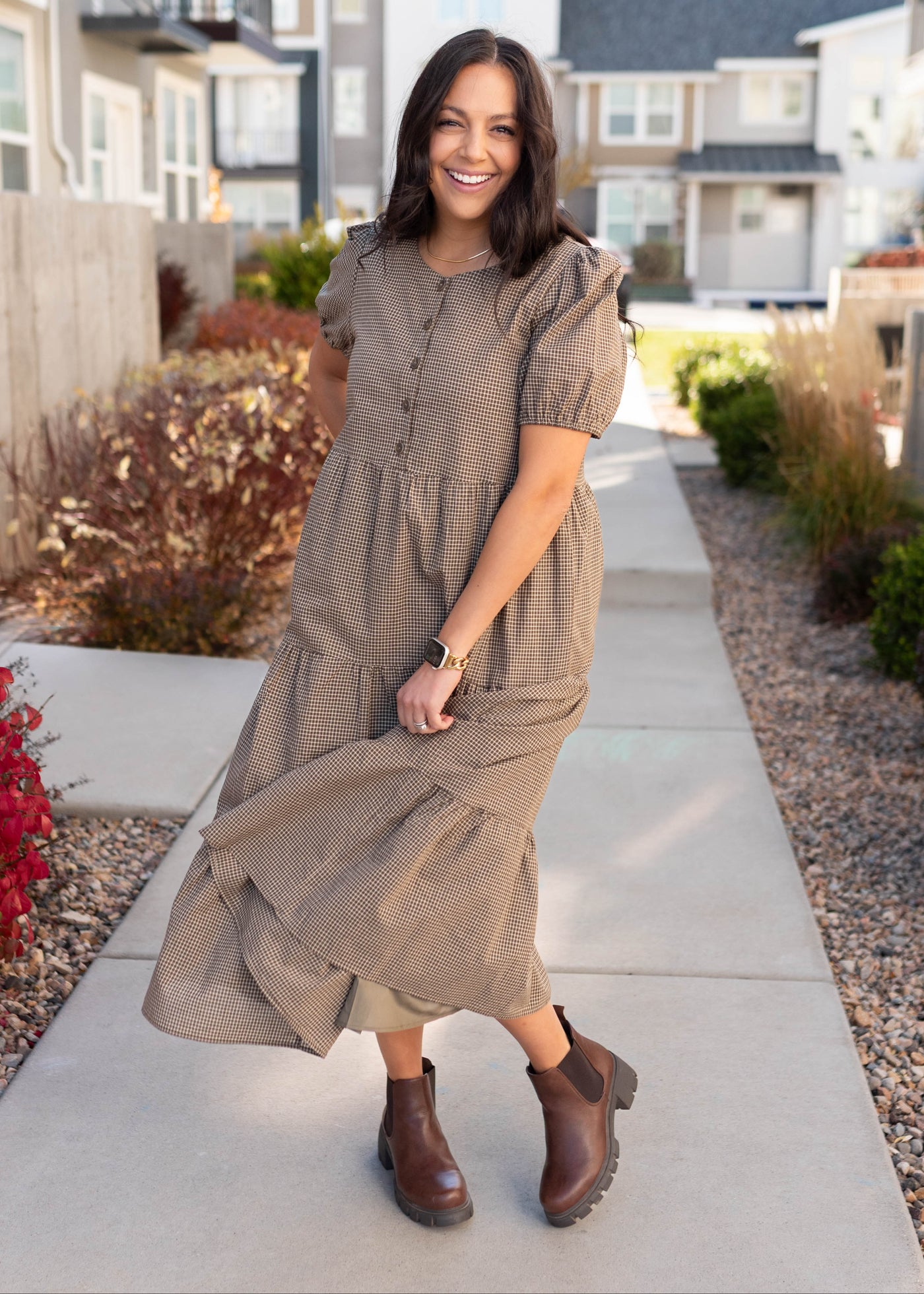 Gianna Dark Olive Gingham Dress