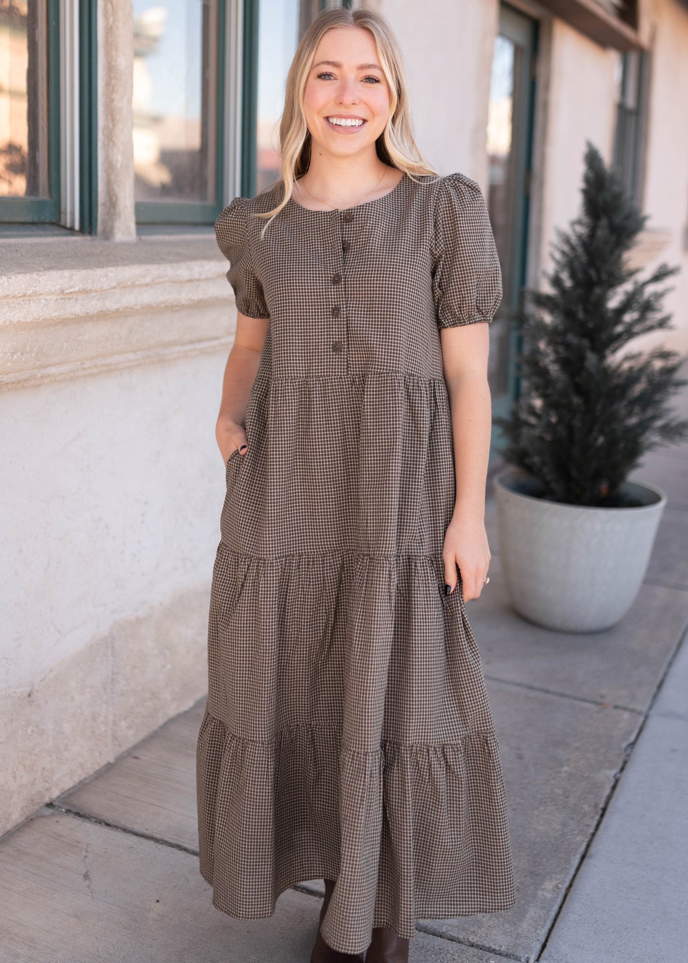 Gianna Dark Olive Gingham Dress