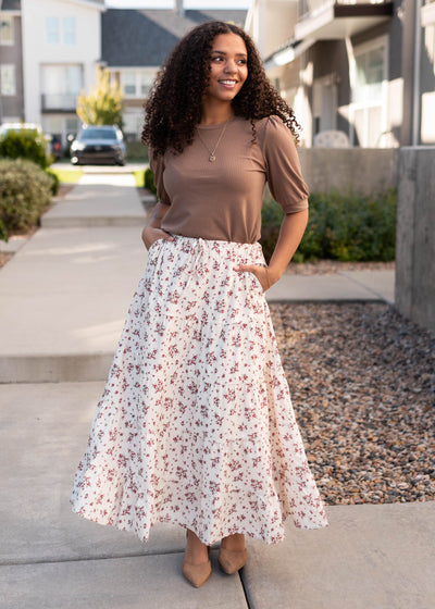 Tiered modest elastic waist tan floral skirt with red flowers