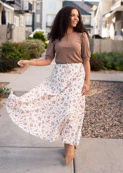 Modest tan floral skirt with red flowers