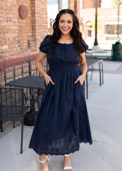 Gloria Navy Embroidered Midi Dress - Sweetheart Neckline, Eyelet Hem & Pockets