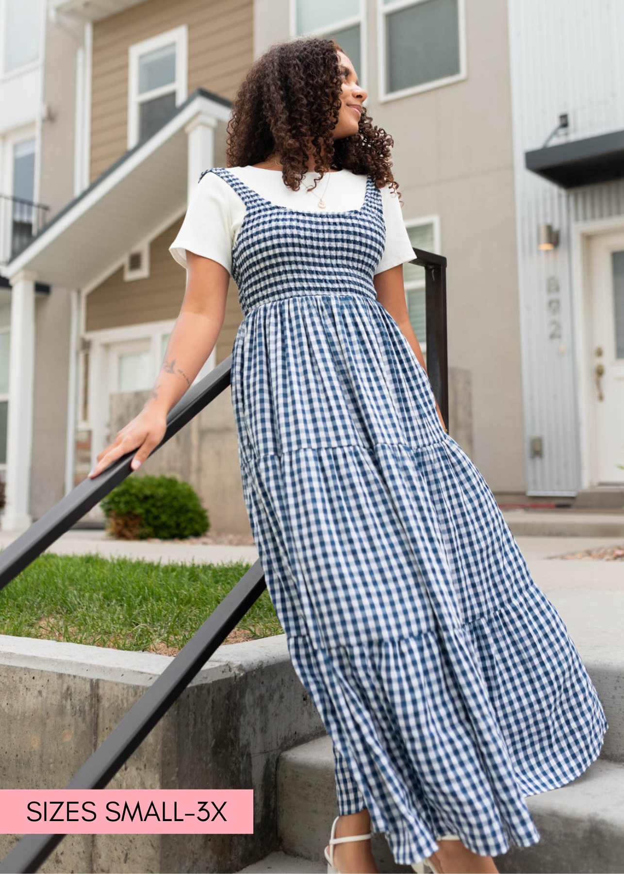 Navy gingham sleeveless dress