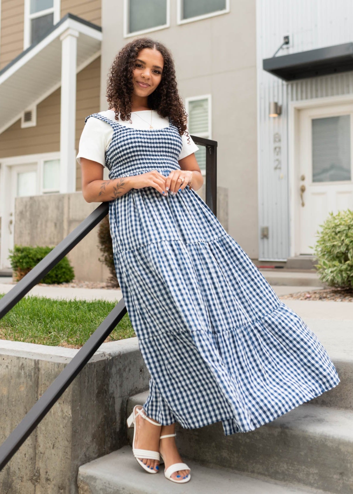 Navy gingham sleeveless dress with smocked bodice