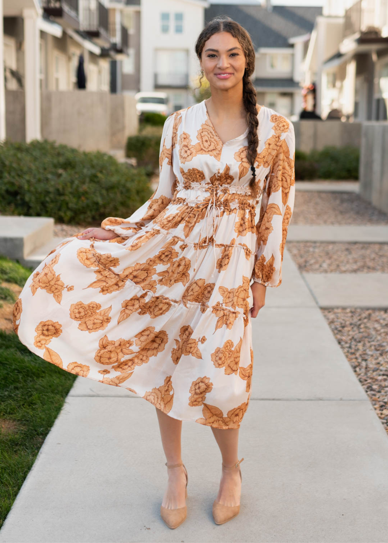 Beige floral dress with long sleeves