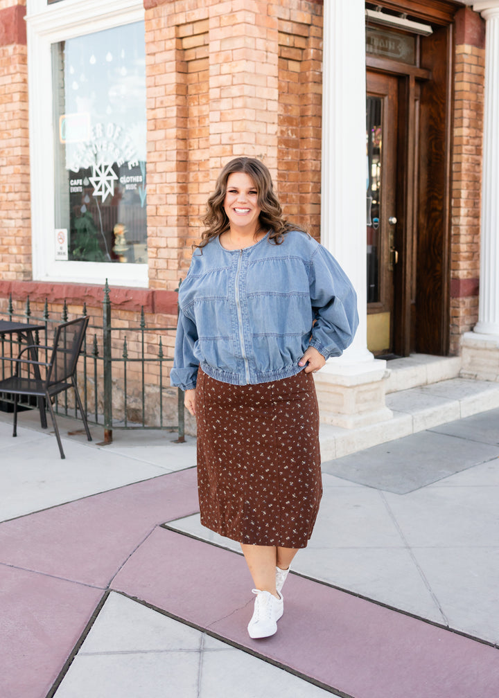 Greta Brown Floral Print Midi Skirt | Lena Layne