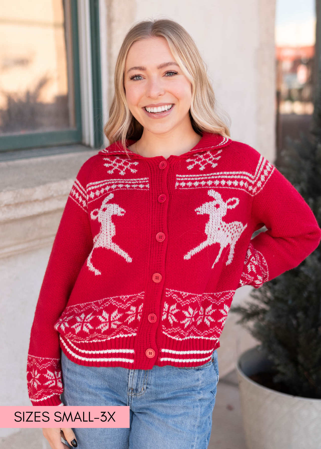Red patterned cardigan