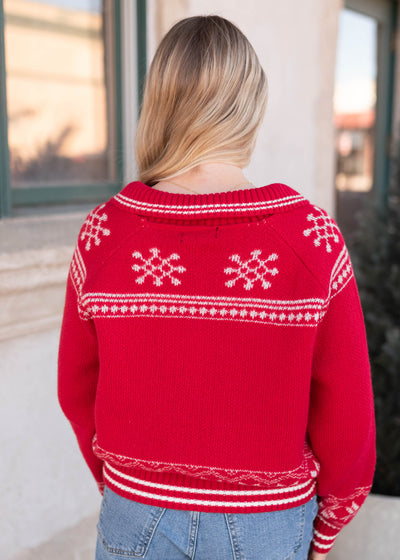 Back view of the red patterned cardigan