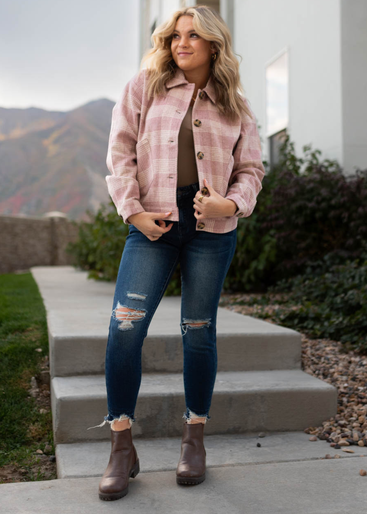 Long sleeve pink plaid shacket