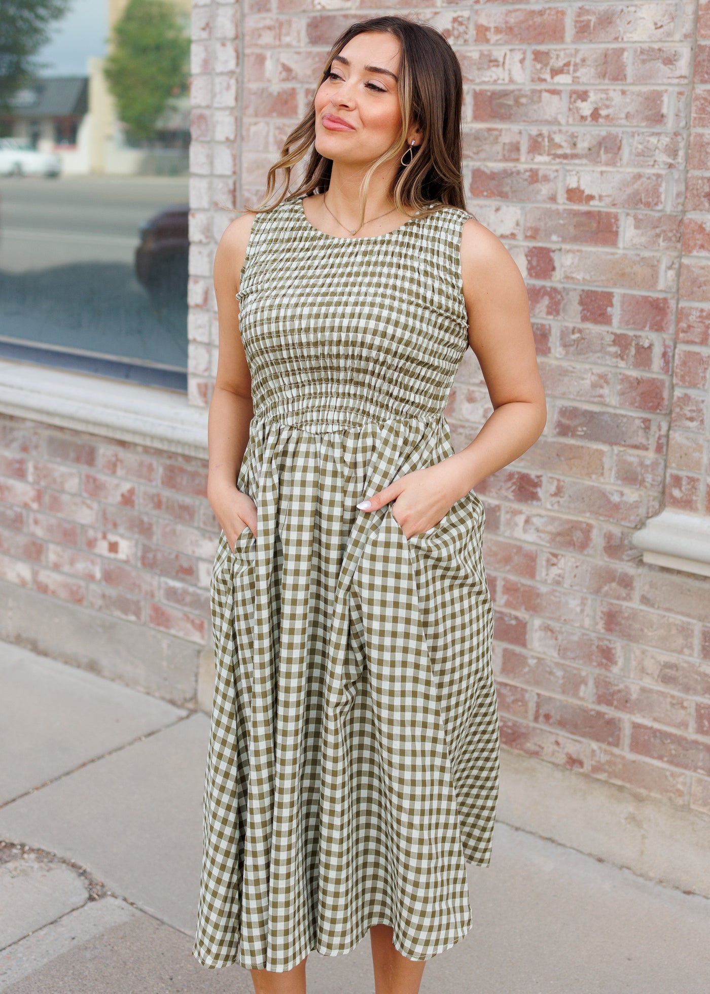 olive green gingham dress Light Olive Gingham Midi Dress