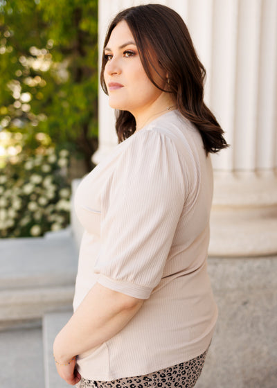 Side view of the plus size basic oatmeal top