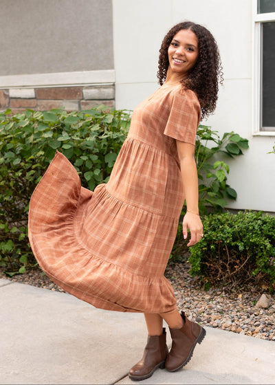 Modest cinnamon plaid dress with short sleeves