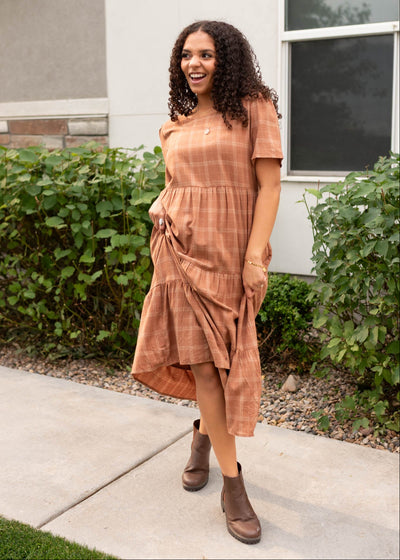 Short sleeve cinnamon plaid dress with tiered skirt
