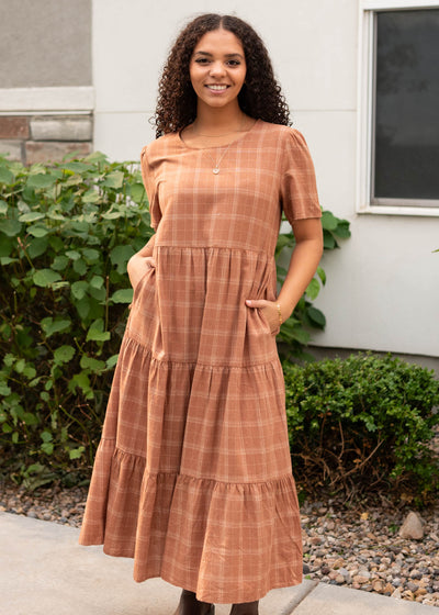 Modest cinnamon plaid dress with pockets at Lena Layne