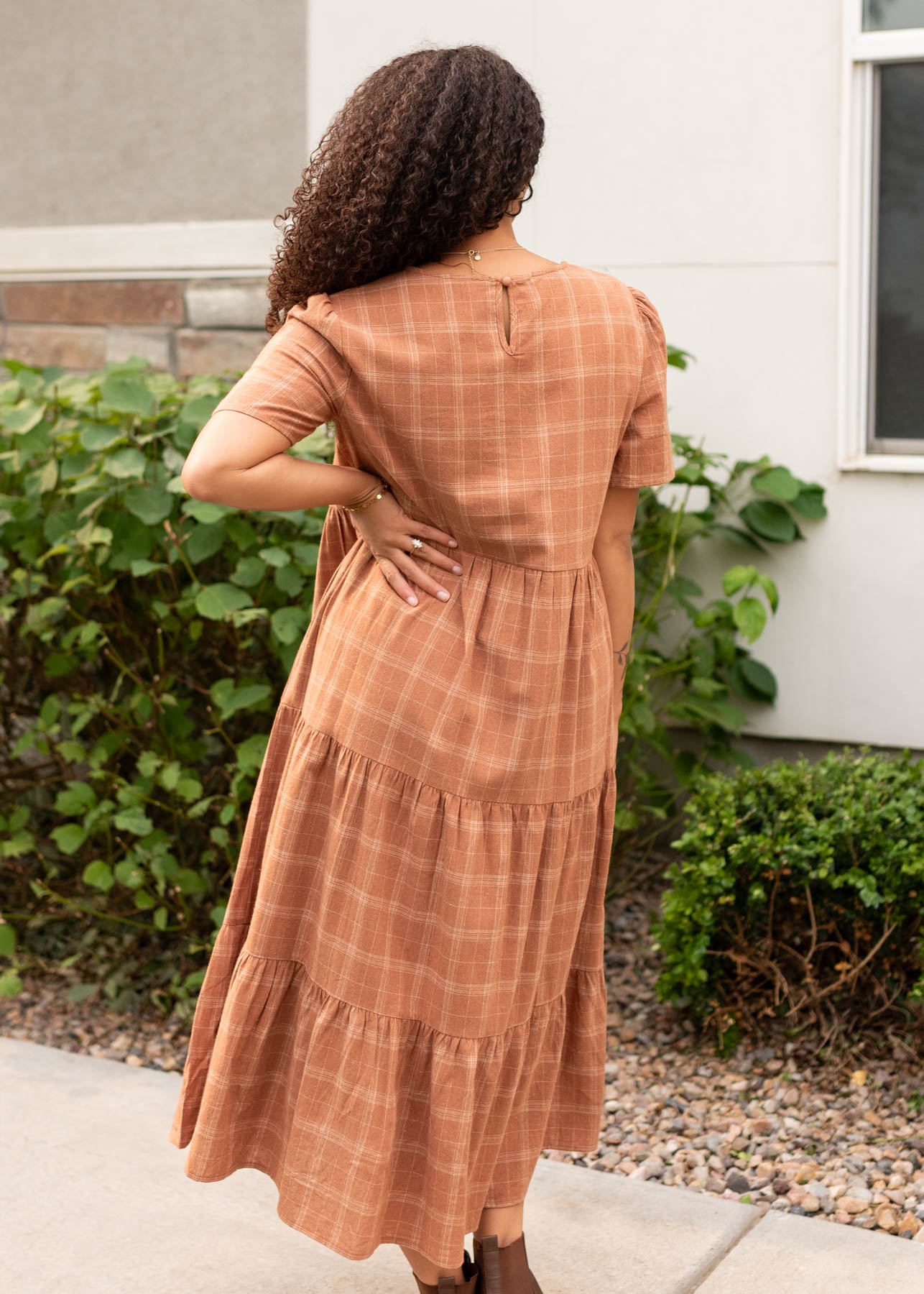 Back view of the cinnamon plaid dress