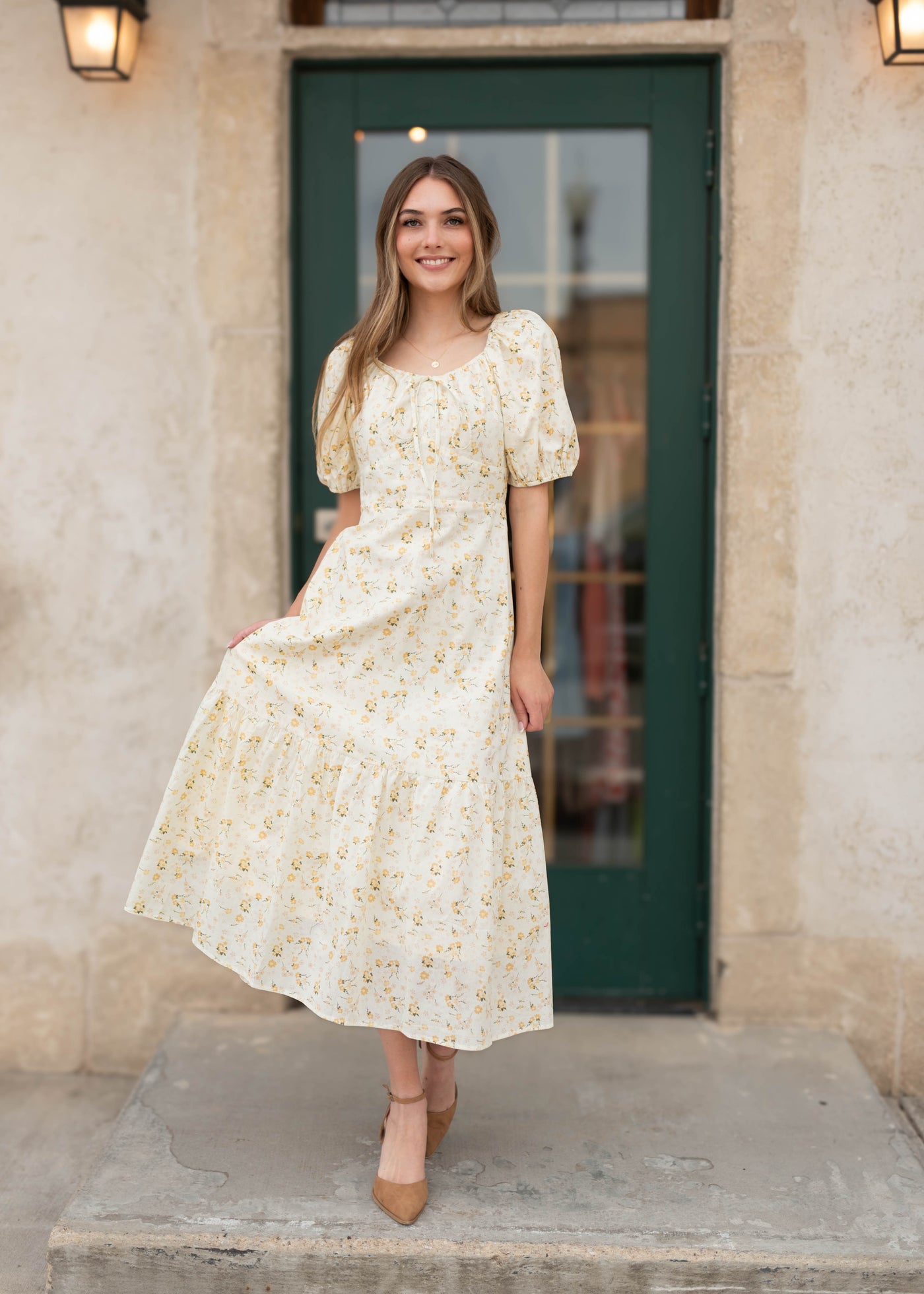 Haley Pale Yellow Floral Corset Waist Dress