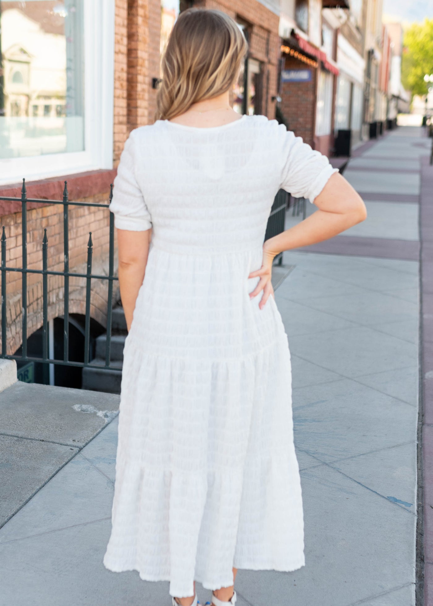 Hallie White Bubble Textured Midi Dress - Puff Sleeves & Tiered
