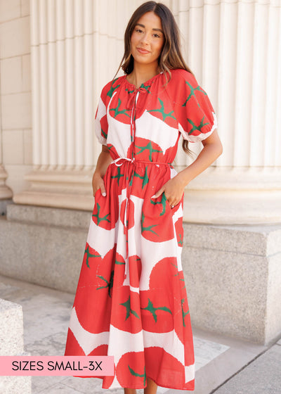 Red pattern dress with pockets