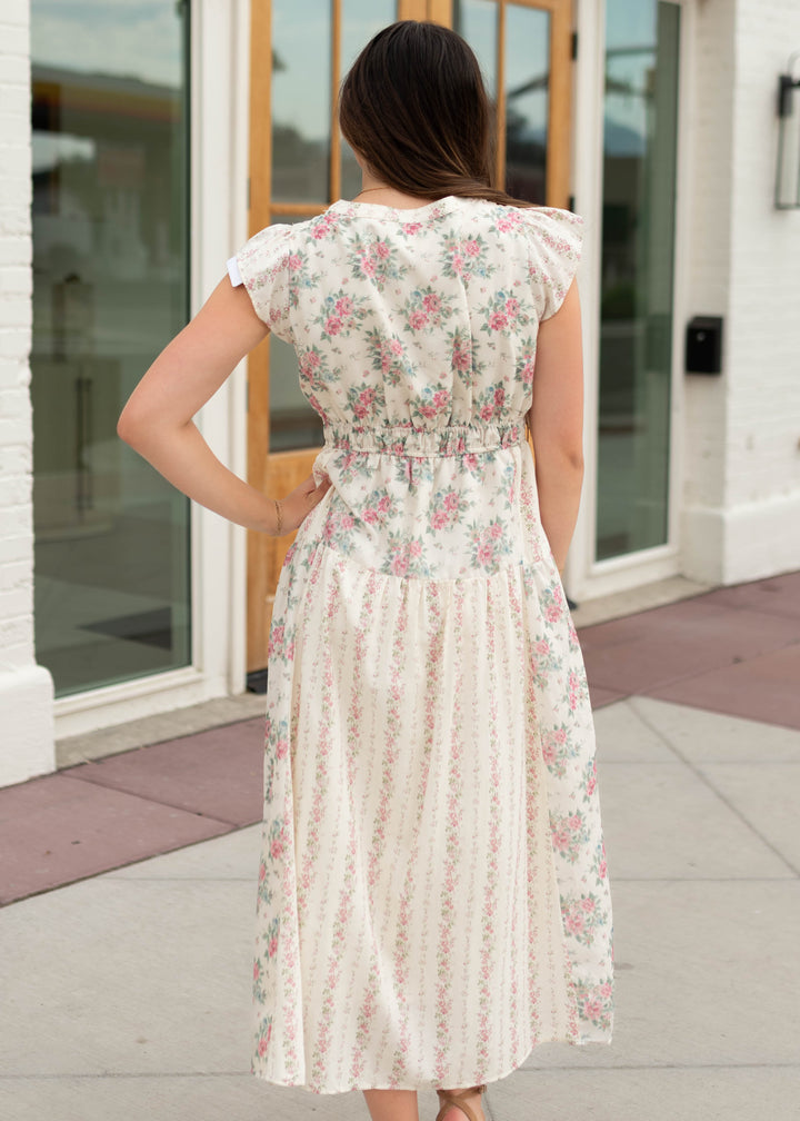 【Louer】pile dress (ivory) /digne サイズ1 Hannah Ivory & Pink Patterned Midi Dress | Lena Layne