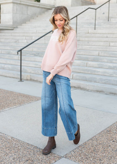 Happiness blush sweater at Lena Layne with cream lettering