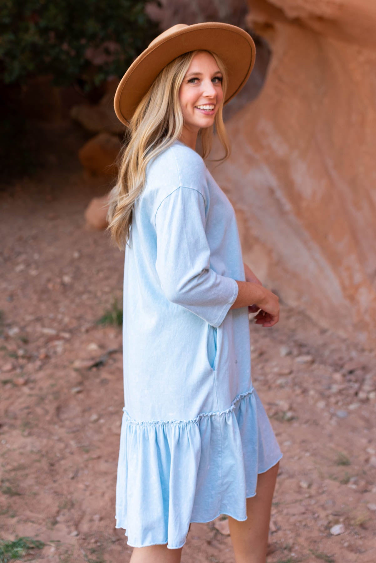 Side view of a sky blue dress