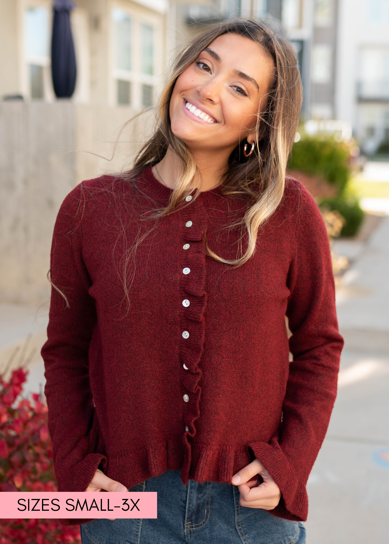 Harper Burgundy Ruffle Cardigan