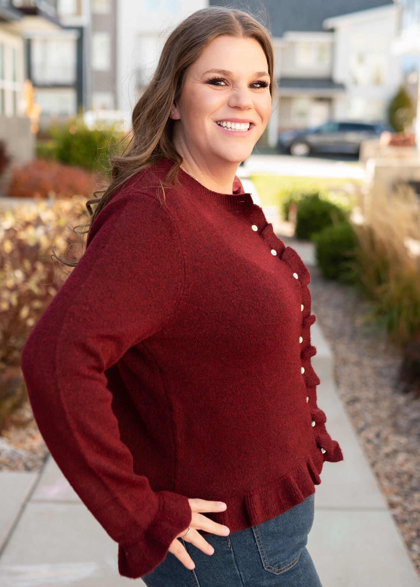 Harper Burgundy Ruffle Cardigan
