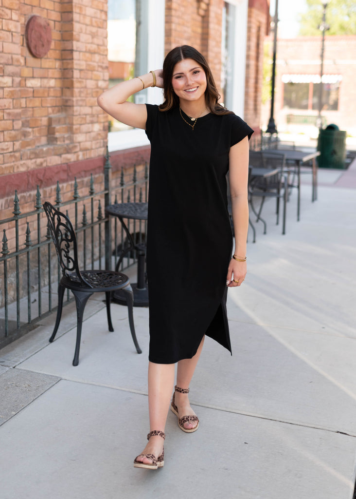 henley midi dress Henley Black T-Shirt Midi Dress - Cap Sleeves, Side Slit & Fitted  Silhouette
