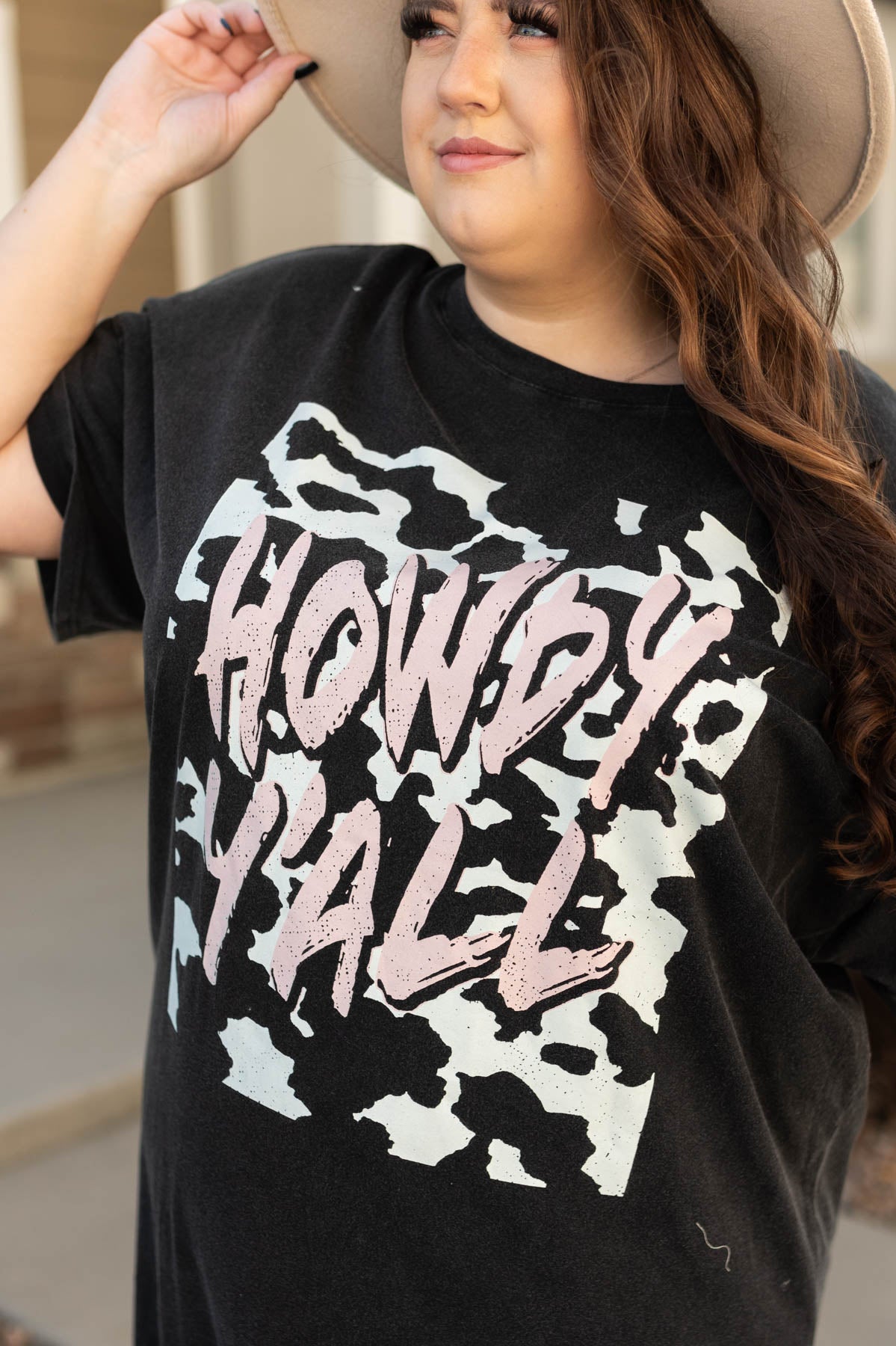 Plus size short sleeve howdy yall charcoal t-shirt dress with pink writing