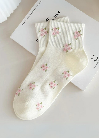 Ivory flower bow sock with pink flowers