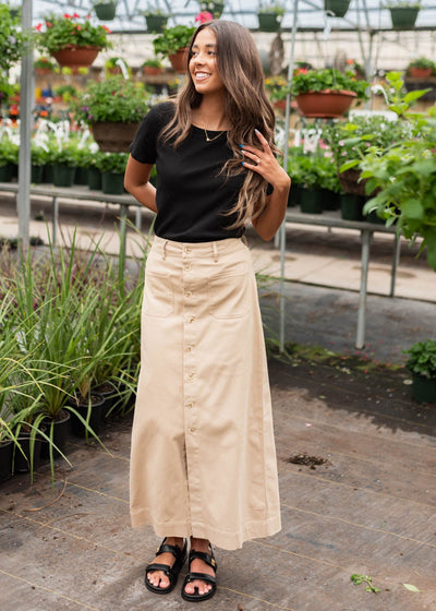 Taupe button down skirt with front pockets