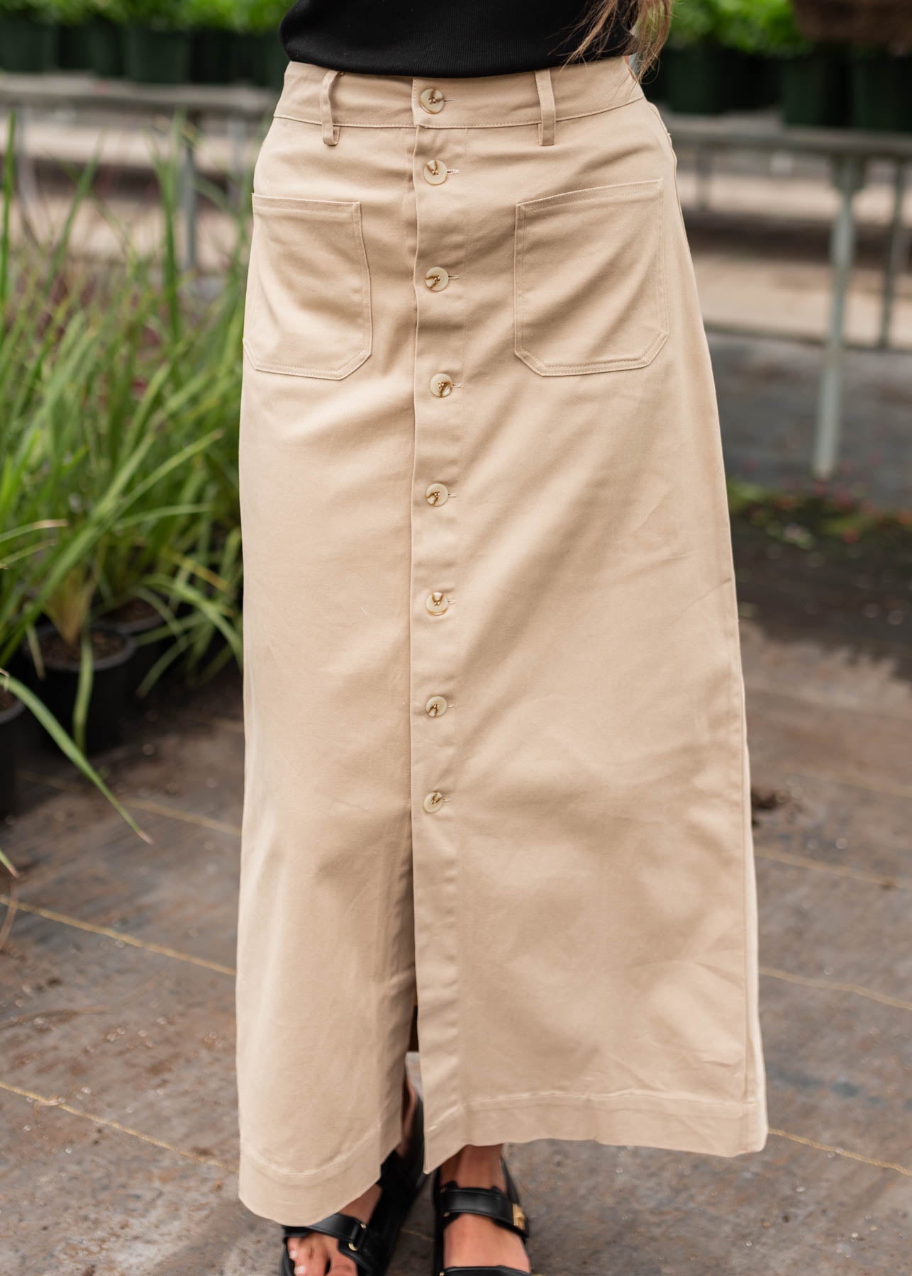 Taupe button down skirt