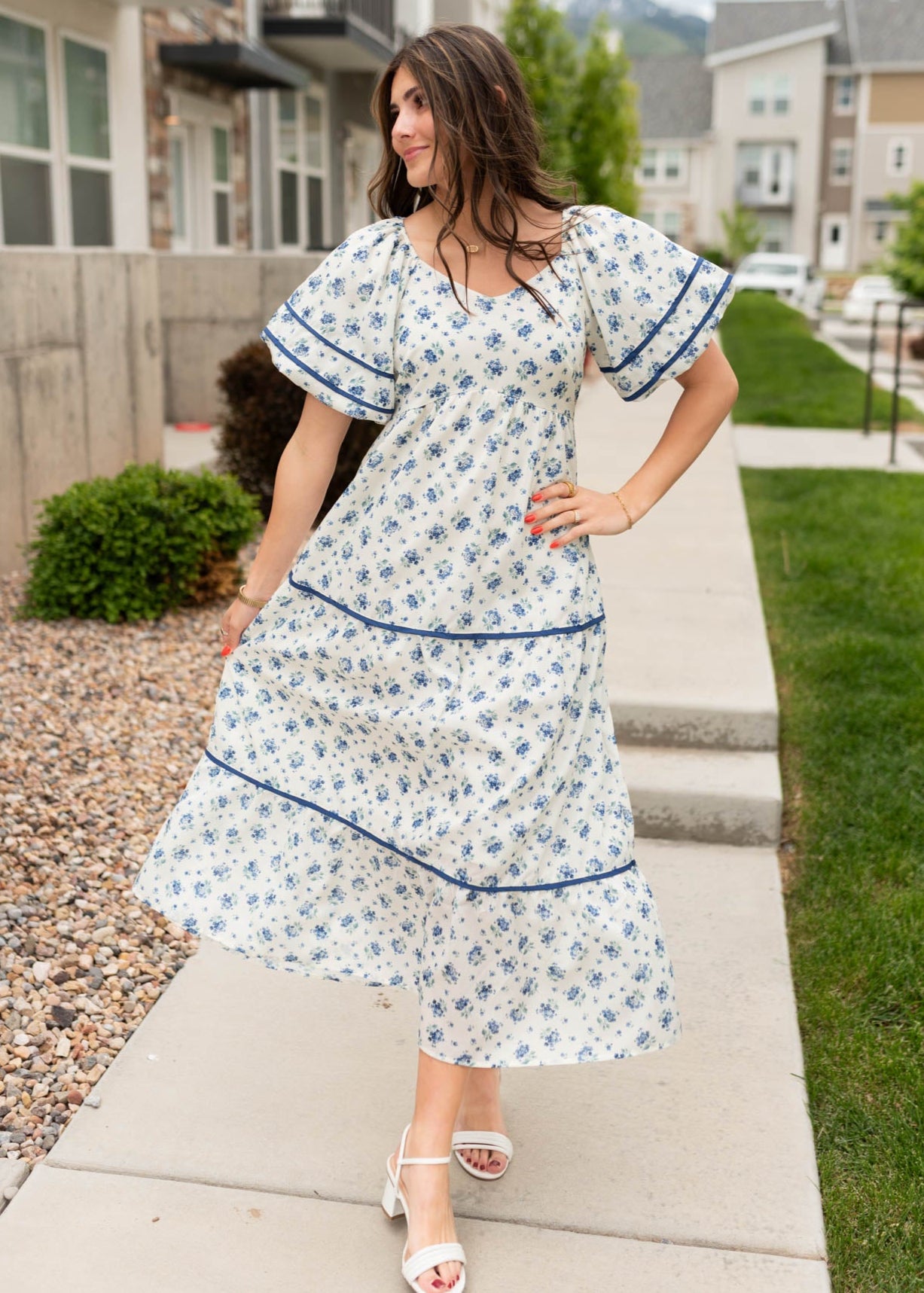 Cream floral pattern dress with navy trim