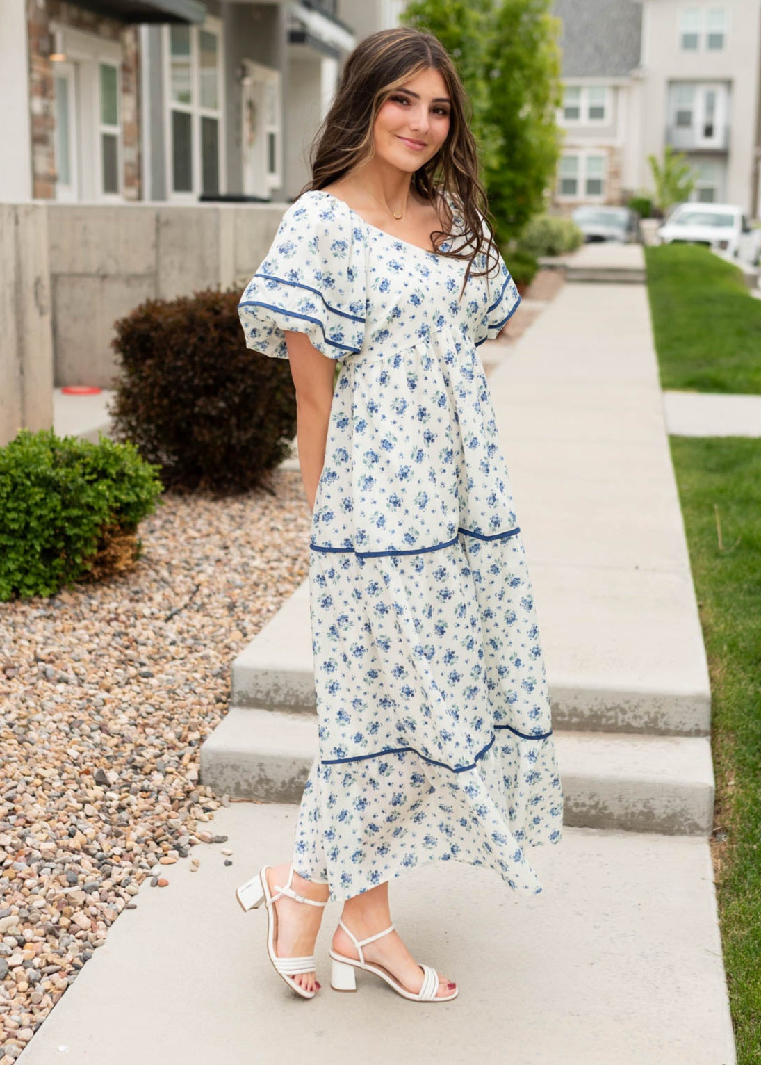 Cream floral pattern dress with navy flowers