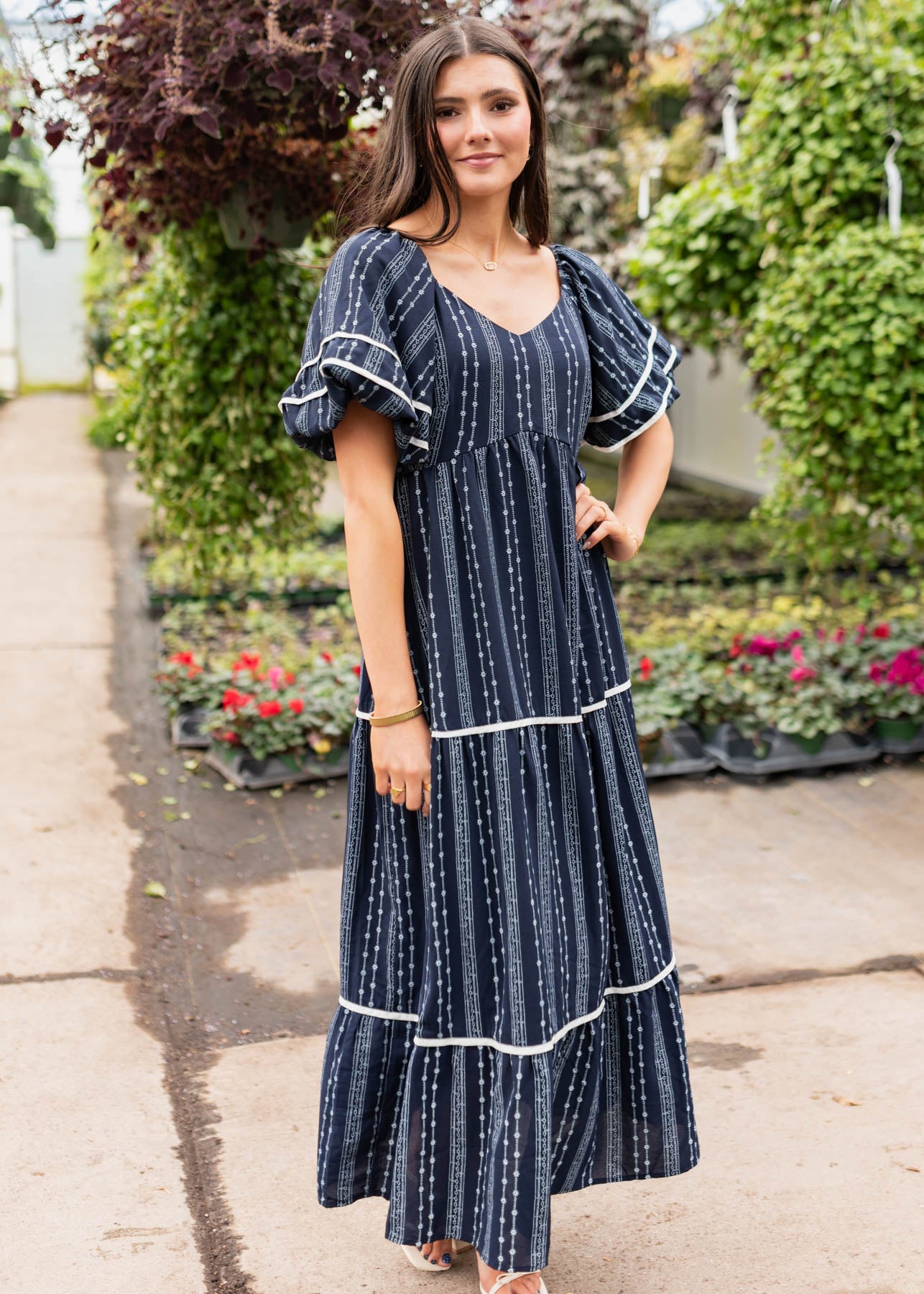 Navy floral pattern dress with white trim