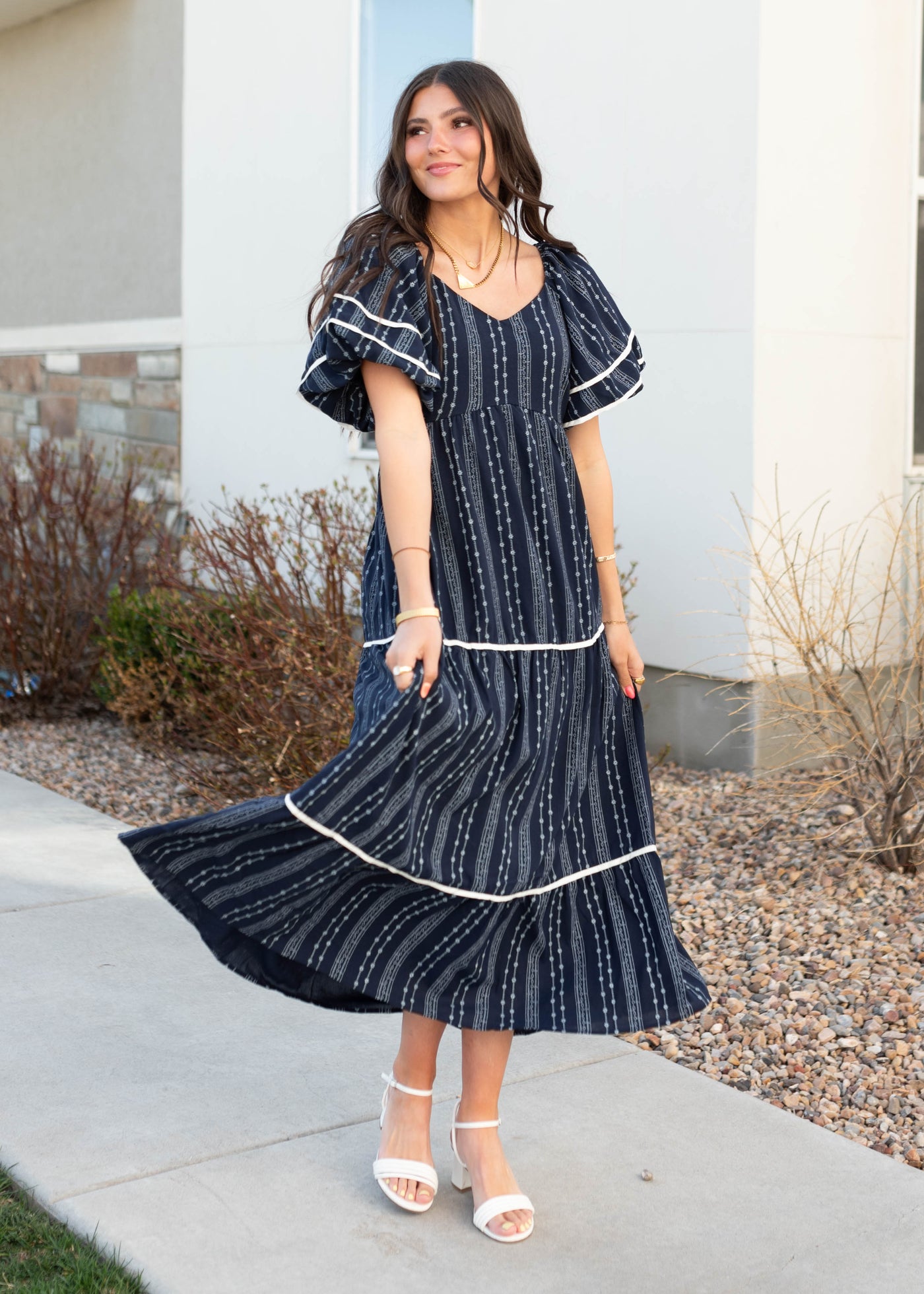 Navy floral pattern dress with short sleeves