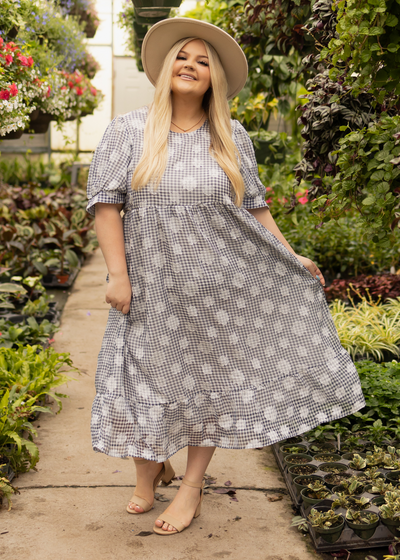Shor sleeve plus size navy dress with high waist