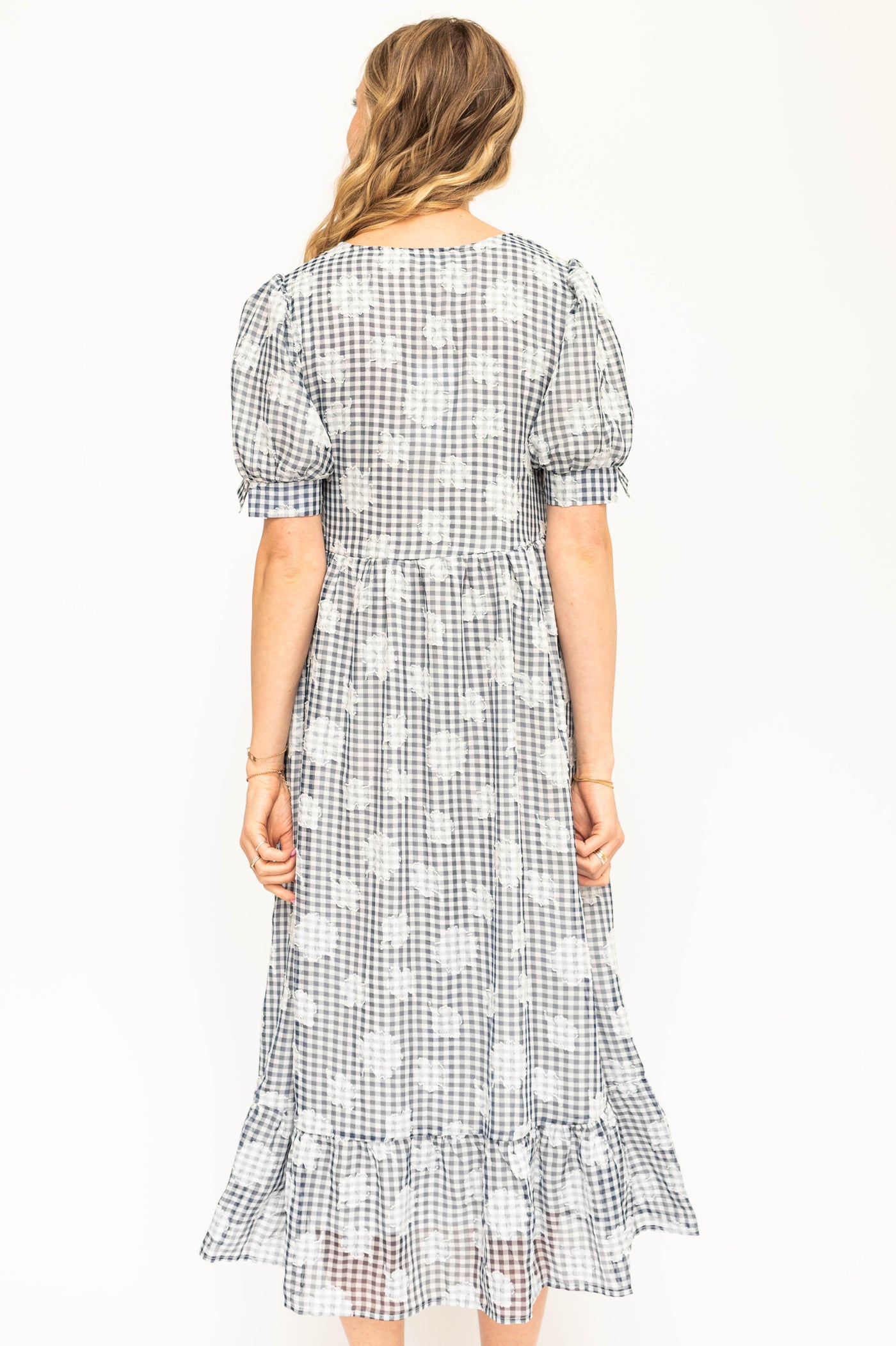 Back view of a navy dress