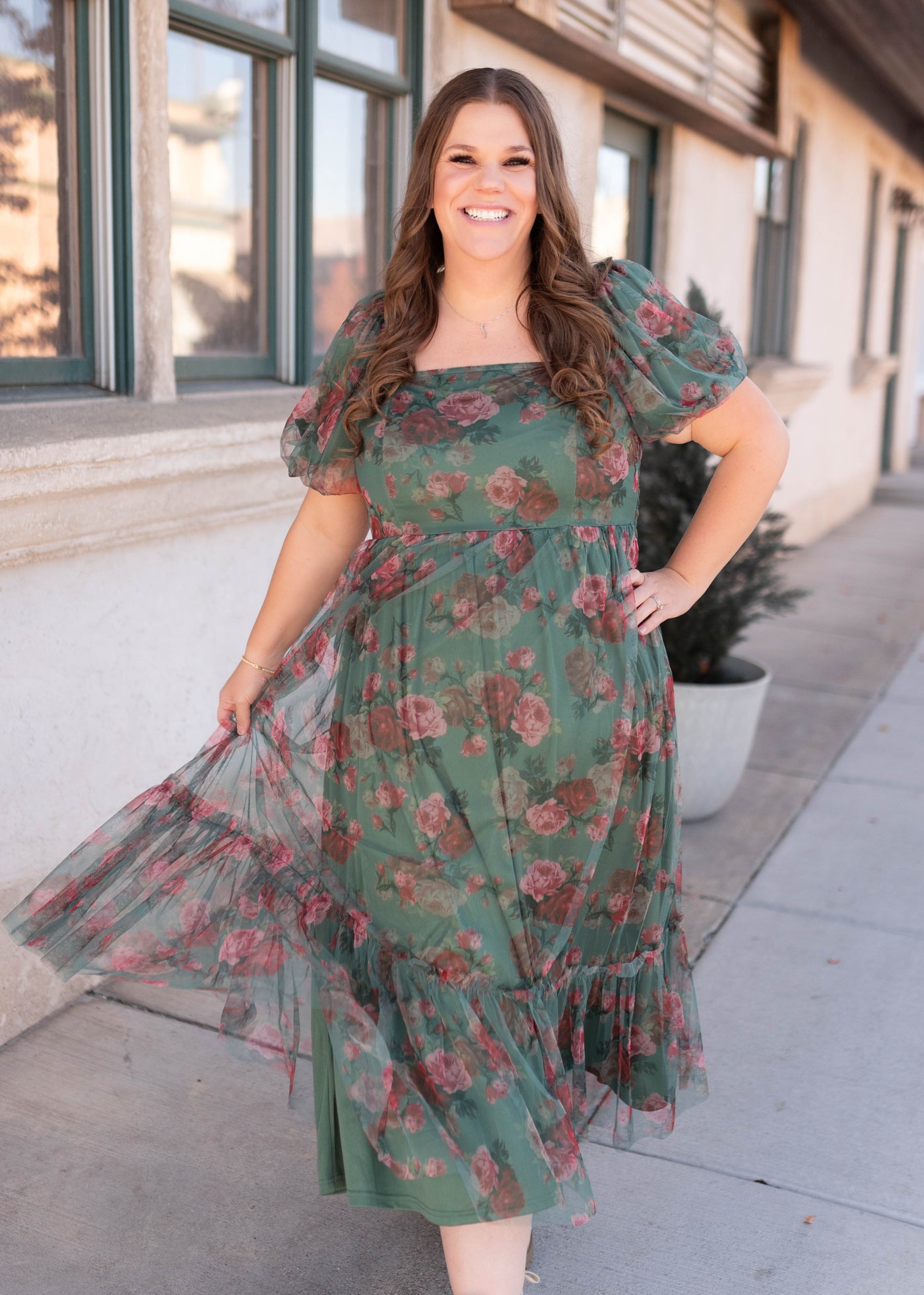 Modest floral green tulle dress with square neck in plus size