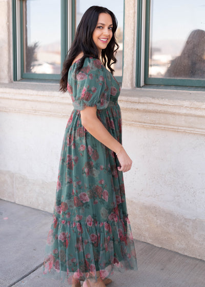 Side view of the floral geeen tulle dress