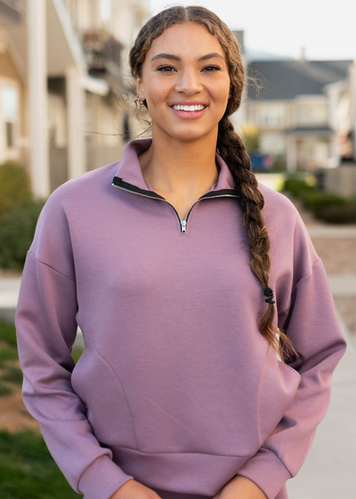 Plum fleece quarter zip sweater with side pockets