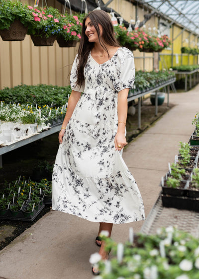 Short sleeve ivory floral tiered dress