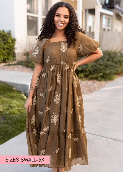Khaki embroidered dress with white flowers
